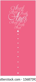 Flat vector illustration of balloon from calligraphic "AMOR"- mean LOVE, written in Spanish, on pink background for wedding design, Valentine`s Day cards, posters, prints, greetings, invitations, web.