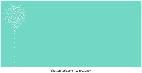 Flat vector illustration of balloon from calligraphic "AMOR"- mean LOVE, written in Spanish, on turquoise background for Valentine`s Day cards, invitations, greetings, wedding design, prints, web.
