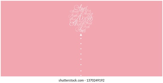 Flat vector illustration of balloon from calligraphic "AMOR"- mean LOVE, written in Spanish, on pale pink background for wedding design, Valentine`s Day cards, invitations, greetings, prints, web.