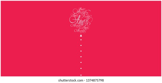 Flat vector illustration of balloon from calligraphic "AMORE"- mean LOVE, written in Italian, on red background for wedding design, Valentine`s Day cards, posters, prints, greetings, invitations, web.
