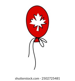 A flat vector illustration of a balloon stylized under the Canadian flag. Red with a white maple leaf suspended from a rope up. Canada Day for the July 1st holiday