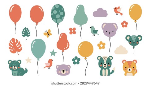 Flat vector illustration of balloons animals flowers and birds