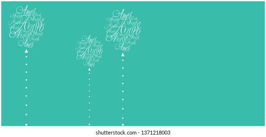 Flat vector illustration of balloons from calligraphic "AMOR"- mean LOVE, written in Spanish, on turquoise background for wedding design, Valentine`s Day cards, greetings, invitations, prints, web.