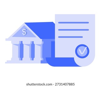 Edificio de banco de Ilustración vectorial plana con un ícono de documento financiero y marca de verificación de Aprobación. Paleta de colores azul limpia que representa los documentos bancarios, financieros, de verificación y oficiales. Aislado sobre fondo blanco.