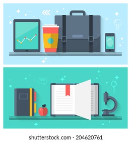 Flat vector illustration banner for business office and work objects