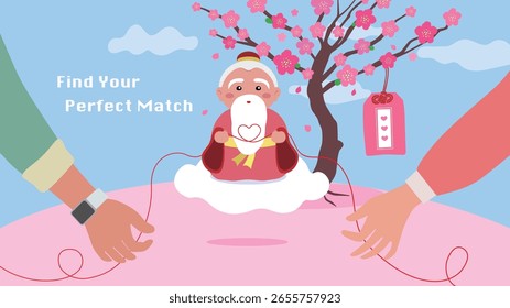 Flat vector illustration banner of Chinese Matchmaker God Yue Lao connecting two hands with red thread of fate, with blooming peach blossom tree, amulet, and Find Your Perfect Match text for Qixi Valentine Day.