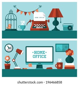 Flat vector illustration of banners for  vintage home office and modern workplace