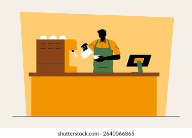 Flat vector illustration of a barista preparing coffee behind the counter