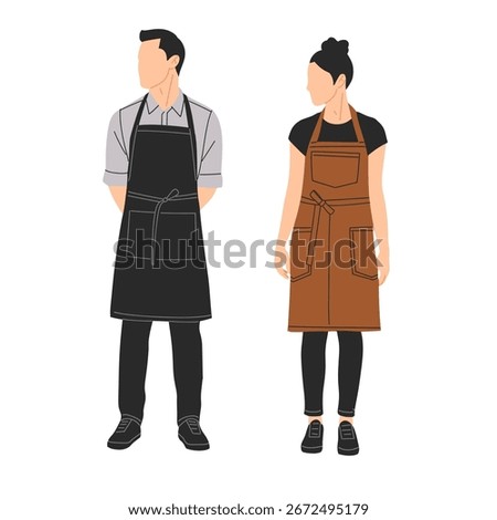 Flat vector illustration of barista and waiter wearing brown aprons and black shirts. Perfect for cafe, restaurant, coffee shop, hospitality, and service industry design concepts.
