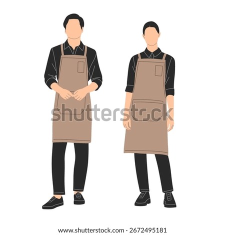 Flat vector illustration of barista and waiter wearing brown aprons and black shirts. Perfect for cafe, restaurant, coffee shop, hospitality, and service industry design concepts.
