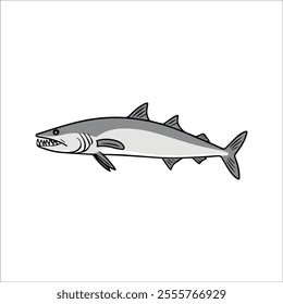 Flat vector illustration of a barracuda with sleek silver body, sharp teeth, streamlined shape, minimalistic design, modern aesthetic