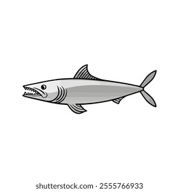 Flat vector illustration of a barracuda with sleek silver body, sharp teeth, streamlined shape, minimalistic design, modern aesthetic