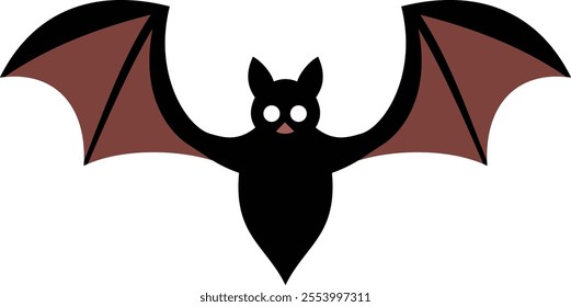 Flat vector illustration of a bat with outstretched wings. The bat is depicted in a minimalistic style with a black body and brown wings.