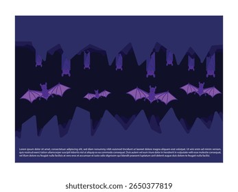 Flat Vector Illustration of Bats Sleeping Upside Down and Flying in a Dark Cave with Night Sky