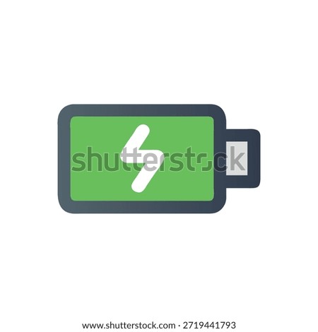 Flat vector illustration. Battery icon with lightning bolt is charging. Green battery on White Background. Simple and modern.