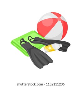 Flat vector illustration of beach ball, flippers, towel and bottle of sunscreen. Beach vacation. Active summer recreation. Travel theme