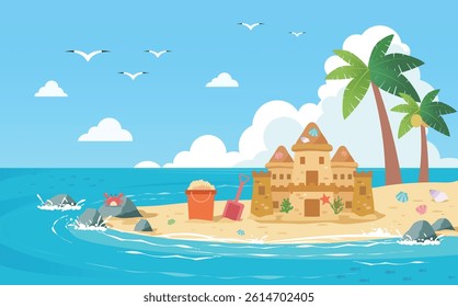 Flat Vector Illustration of a Beach Resort with Sandcastle and Ocean