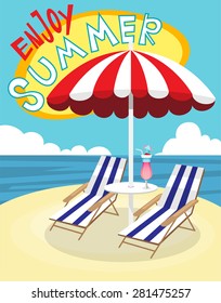 Flat vector illustration of beach with sunbeds, parasol and cocktail for relaxation during summer vacation.  Suitable for summer season. Lettering Enjoy summer. 