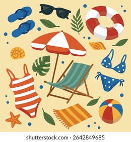Flat vector illustration of beach vacation items: umbrella, deck chair, swimsuits, sunglasses, lifebuoy, towel, seashells, beach ball, and flip-flops on a warm yellow background