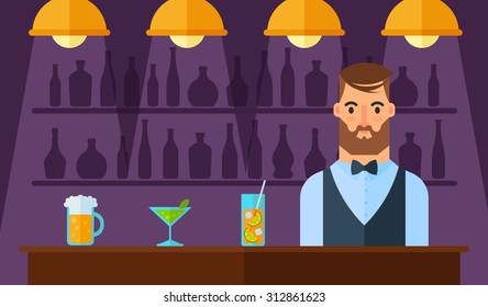 Flat Vector Illustration: Bearded Barman Serves at the Bar. Two Delicious Cocktails and Beer