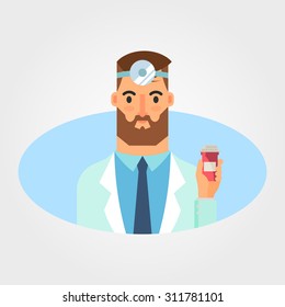 Flat Vector Illustration: Bearded Doctor with Bottle of Pills