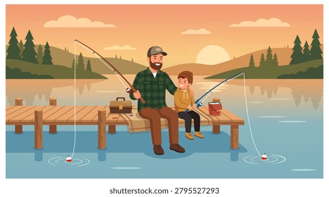 Flat vector illustration of a bearded father and son fishing together on a lake dock at sunset. Pine trees, reflections, tackle box and bucket. Warm autumn tones.