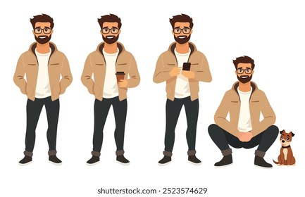 Flat vector illustration of a bearded man in casual clothing holding coffee, using a smartphone, and sitting with a dog. Perfect for lifestyle, outdoor, and modern concepts.