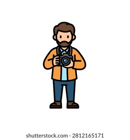 A flat vector illustration of a bearded man standing and holding a professional DSLR camera. He is wearing an orange jacket, a blue shirt, and dark pants, presented on a clean white background.