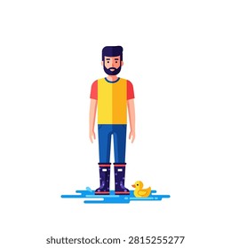 A flat vector illustration of a bearded man standing in a blue puddle wearing polka-dot rubber boots. Beside him floats a small yellow rubber duck on a clean white background, depicting a playful rainy day scene.