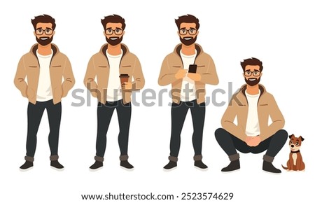 Flat vector illustration of a bearded man in casual clothing holding coffee, using a smartphone, and sitting with a dog. Perfect for lifestyle, outdoor, and modern concepts.