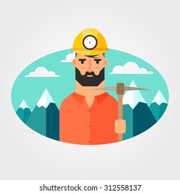 Flat Vector Illustration: Bearded Miner with Pick. Mountains on the Background