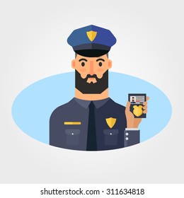 Flat Vector Illustration: Bearded Policeman with Badge 