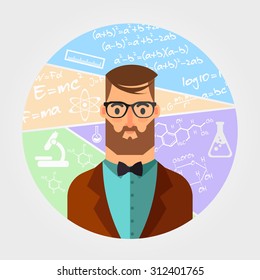 Flat Vector Illustration: Bearded Professor. Educational Concept