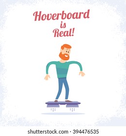 Flat Vector Illustration Of A  Bearded Red-head Man Floating On A Hoverboard