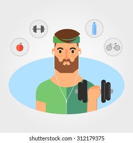 Flat Vector Illustration. Bearded Sportsman with Dumbbell. Sports Symbols and Icons