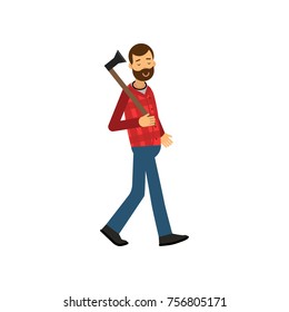 Flat vector illustration of bearded woodcutter character walking with axe in his hand