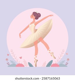 flat vector illustration of beautiful ballerina dancing in pastel colors