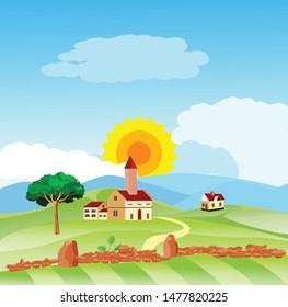  Flat Vector illustration of a beautiful  countryside scene  with farm houses, mountains and green fields