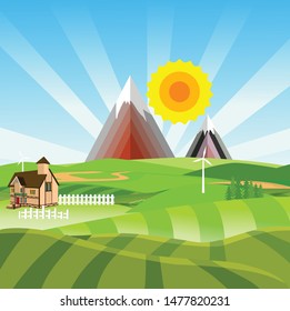  Flat Vector illustration of a beautiful  countryside scene  with farm houses, mountains and green fields