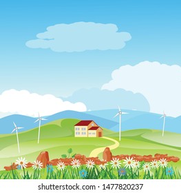  Flat Vector illustration of a beautiful  countryside scene  with farm houses, mountains and green fields