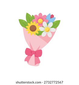 Flat vector illustration of a beautiful flower bouquet with sunflower, daisy, and pink blossoms wrapped in pink paper with a ribbon