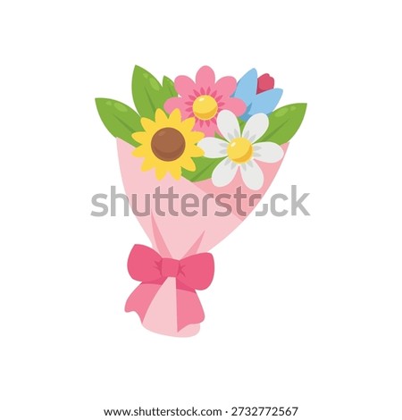 Flat vector illustration of a beautiful flower bouquet with sunflower, daisy, and pink blossoms wrapped in pink paper with a ribbon