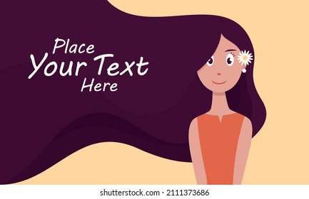 Flat vector illustration of beautiful girl with long hair for text space. Suitable for design element of woman's day poster background and female quote banner.