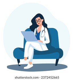 Flat vector illustration. Beautiful girl doctor sitting at laptop. Online consultation concept 