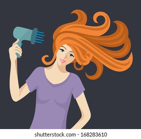 Flat vector illustration of beautiful redheaded woman with hairdryer.