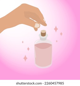 Flat vector illustration of a beautiful sophisticated female hand with a manicure holding an aesthetic essential oil bottle for an aromatherapy procedure
