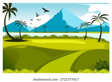 Una Ilustración vectorial llana de una hermosa naturaleza tropical con exuberante hierba verde, palmeras y un lago o cuerpo de agua al pie de una Grande montaña azul en el fondo. Varias aves vuelan en un cielo azul claro con pocas nubes, creando un ambiente tranquilo y sereno ideal para vacaciones de verano, turismo o fondos de presentación