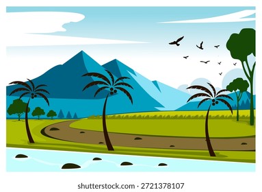Una Ilustración vectorial llana de una hermosa naturaleza tropical con exuberante hierba verde, palmeras y un lago o cuerpo de agua al pie de una Grande montaña azul en el fondo. Varias aves vuelan en un cielo azul claro con pocas nubes, creando un ambiente tranquilo y sereno ideal para vacaciones de verano, turismo o fondos de presentación