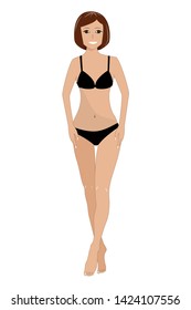 Flat vector illustration of a beautiful young woman with slim healthy body in underwear. Beauty and healthy body concept