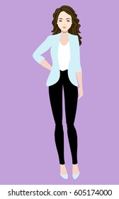 Flat vector illustration of a beautiful young woman. Young woman dressed in business casual style. Flat style vector illustration.